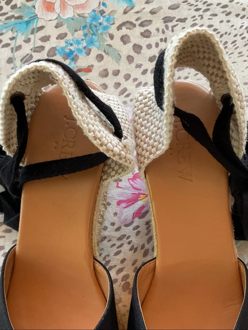 J. Crew Black Espadrille Wedges with Cream Braided Heel and Ankle Ties